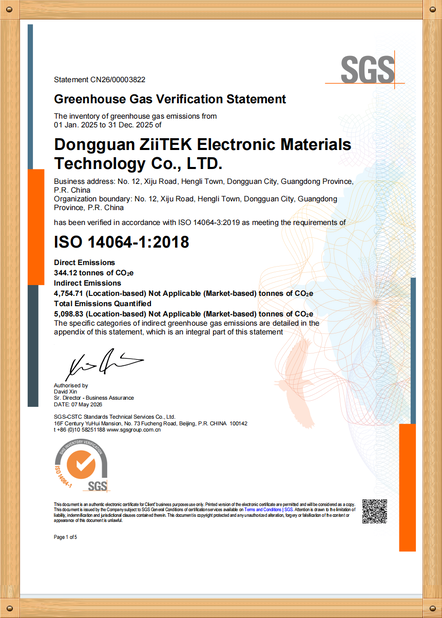 Trung Quốc Dongguan Ziitek Electronical Material and Technology Co., Ltd Chứng chỉ